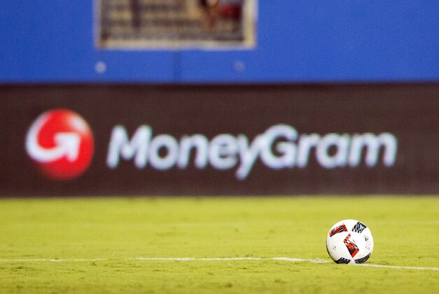 Aug 13, 2016; Dallas, TX, USA; A general shot of a soccer ball in front of MoneyGram sign in the game between FC Dallas and Sporting Kansas City at Toyota Stadium. FC Dallas and Sporting Kansas City tied 2-2. Mandatory Credit: Tim Heitman-USA TODAY Sports