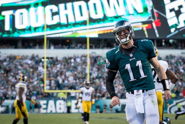 Sep 25, 2016; Philadelphia, PA, USA; Philadelphia Eagles quarterback Carson Wentz (11) reacts after his 73 yard touchdown pass against the Pittsburgh Steelers during the third quarter at Lincoln Financial Field. Mandatory Credit: Bill Streicher-USA TODAY Sports