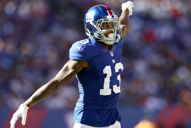 EAST RUTHERFORD, NJ - SEPTEMBER 25:   Odell Beckham Jr. #13 of the New York Giants calls out a play in the second half against the New York Giants  at MetLife Stadium on September 25, 2016 in East Rutherford, New Jersey.The Washington Redskins defeated the New York Giants 29-27.  (Photo by Elsa/Getty Images)