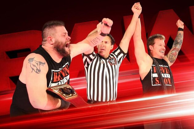 Kevin Owens and Chris Jericho celebrating at Clash of Champions.