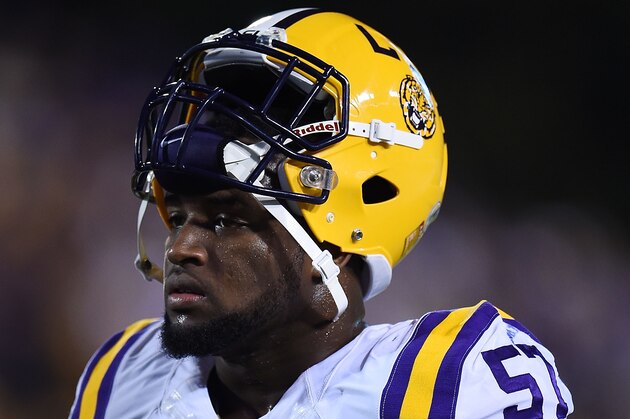 STARKVILLE, MS - SEPTEMBER 12:  Davon Godchaux #57 of the LSU Tigers participates in warmups prior to a game against the Mississippi State Bulldogs at Davis Wade Stadium on September 12, 2015 in Starkville, Mississippi.  LSU won the game 21-19.  (Photo by Stacy Revere/Getty Images)