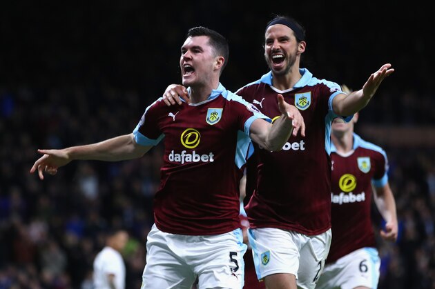 BURNLEY, ENGLAND - SEPTEMBER 26:  Michael Keane of Burnley (L) celebrates scoring his sides second goal with team George Boyd of Burnley (R) during the Premier League match between Burnley and Watford at Turf Moor on September 26, 2016 in Burnley, England.  (Photo by Clive Brunskill/Getty Images)