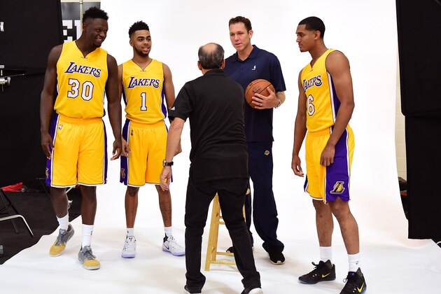 EL SEGUNDO, CA - SEPTEMBER 26:  Julius Randle #30, D'Angelo Russell #1, Luke Walton, and Jordan Clarkson #6 of the Los Angeles Lakers pose for a photograph for team photographer Andrew D. Bernstein during Los Angeles Laker media day at Toyota Sports Center on September 26, 2016 in El Segundo, California.  (Photo by Harry How/Getty Images)