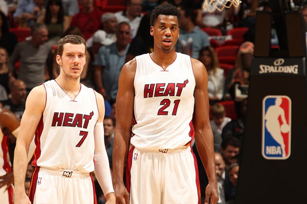 MIAMI, FL - APRIL 7: Goran Dragic #7 and Hassan Whiteside #21 of the Miami Heat are seen during the game against the Chicago Bulls on April 7, 2016 at AmericanAirlines Arena in Miami, Florida. NOTE TO USER: User expressly acknowledges and agrees that, by downloading and or using this Photograph, user is consenting to the terms and conditions of the Getty Images License Agreement. Mandatory Copyright Notice: Copyright 2016 NBAE (Photo by Issac Baldizon/NBAE via Getty Images)