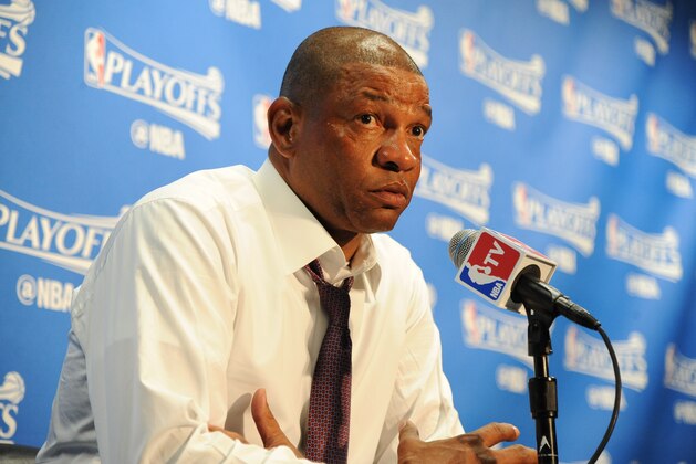 LOS ANGELES, CA - APRIL 20:  Doc Rivers of the Los Angeles Clippers talks to the media after the game against the Portland Trail Blazers in Game Two of the Western Conference Quarterfinals during the 2016 NBA Playoffs at STAPLES Center on April 20, 2016 in Los Angeles, California. NOTE TO USER: User expressly acknowledges and agrees that, by downloading and/or using this Photograph, user is consenting to the terms and conditions of the Getty Images License Agreement. Mandatory Copyright Notice: Copyright 2016 NBAE (Photo by Andrew D. Bernstein/NBAE via Getty Images)