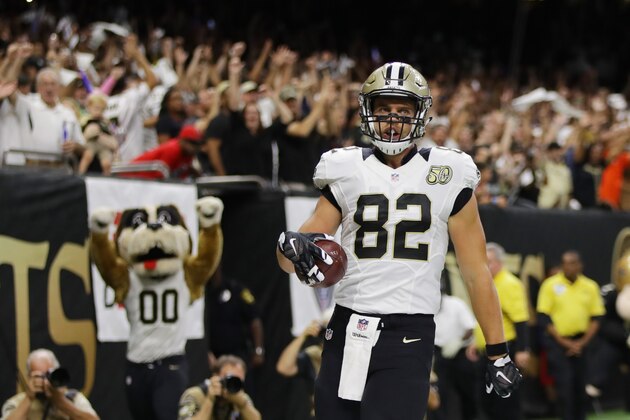 NEW ORLEANS, LA - SEPTEMBER 26:  Coby Fleener #82 of the New Orleans Saints reacts after scoring a touchdown against the Atlanta Falcons at the Mercedes-Benz Superdome on September 26, 2016 in New Orleans, Louisiana.  (Photo by Chris Graythen/Getty Images)