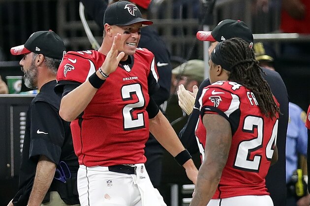 NEW ORLEANS, LA - SEPTEMBER 26:  Matt Ryan #2 of the Atlanta Falcons reacts after an interception against the New Orleans Saints at the Mercedes-Benz Superdome on September 26, 2016 in New Orleans, Louisiana.  (Photo by Chris Graythen/Getty Images)