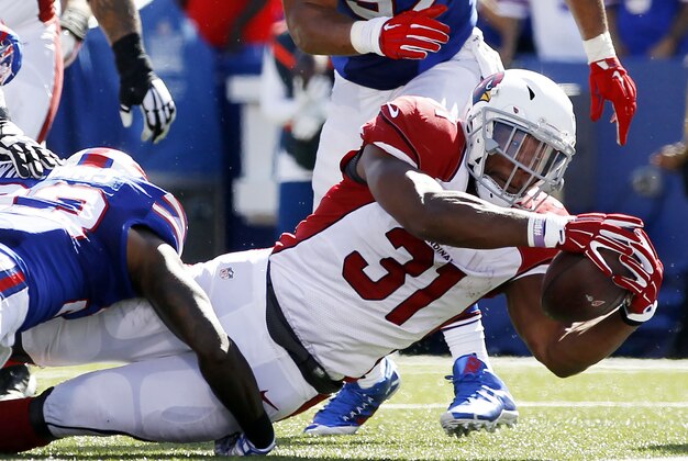 Sep 25, 2016; Orchard Park, NY, USA; Arizona Cardinals running back David Johnson (31) scores a touchdown as Buffalo Bills strong safety Aaron Williams (23) tackles him during the first half at New Era Field. Mandatory Credit: Kevin Hoffman-USA TODAY Sports