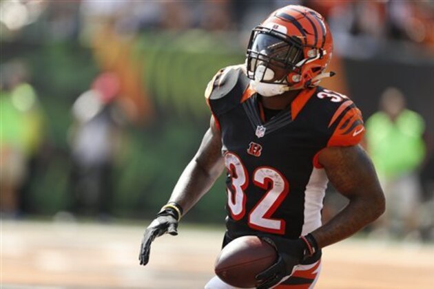 Cincinnati Bengals running back Jeremy Hill (32) runs the ball for a touchdown during the first half of an NFL football game against the Denver Broncos, Sunday, Sept. 25, 2016, in Cincinnati. (AP Photo/Gary Landers)