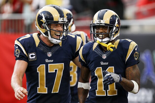 TAMPA, FL - SEPTEMBER 25: Quarterback Case Keenum #17 and Wide Receiver Tavon Austin #11 of the Los Angeles Rams celebrate a touchdown during the game against the Tampa Bay Buccaneers at Raymond James Stadium on September 25, 2016 in Tampa, Florida. The Rams defeated the Buccaneers 37 to 32. (Photo by Don Juan Moore/Getty Images)