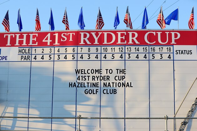CHASKA, MN - SEPTEMBER 27: A scoreboard welcomes fans prior to the 2016 Ryder Cup at Hazeltine National Golf Club on September 27, 2016 in Chaska, Minnesota.  (Photo by Andrew Redington/Getty Images)