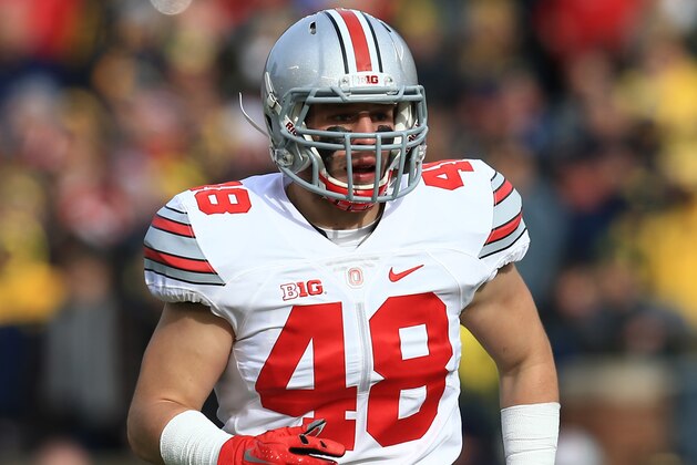 ANN ARBOR, MI - NOVEMBER 28: Linebacker Joe Burger #48 of the Ohio State Buckeyes during the game against the Michigan Wolverines at Michigan Stadium on November 28, 2015 in Ann Arbor, Michigan. Ohio State defeated Michigan 42-13. (Photo by Andrew Weber/Getty Images)
