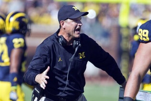 Michigan head coach Jim Harbaugh cheers on his players on the sidelines after a Michigan touchdown an NCAA college football game against Penn State at Michigan Stadium in Ann Arbor, Mich., Saturday, Sept. 24, 2016. (AP Photo/Tony Ding)