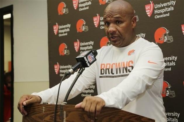 Cleveland Browns head coach Hue Jackson speaks during the post-game news conference following an overtime loss at an NFL football game against the Miami Dolphins, Sunday, Sept. 25, 2016, in Miami Gardens, Fla. (AP Photo/Lynne Sladky)