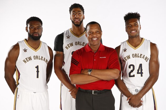 NEW ORLEANS, LA - SEPTEMBER 23:  Tyreke Evans #1, Anthony Davis #23, Buddy Hield #24 and Alvin Gentry of the New Orleans Pelicans pose for a portrait during the 2016 NBA Media Day on September 23, 2016 at the Smoothie King Center in New Orleans, Louisiana. NOTE TO USER: User expressly acknowledges and agrees that, by downloading and or using this Photograph, user is consenting to the terms and conditions of the Getty Images License Agreement. Mandatory Copyright Notice: Copyright 2016 NBAE (Photo by Jonathan Bachman/NBAE via Getty Images)