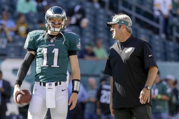 Philadelphia Eagles quarterback Carson Wentz (11), left, listens to head coach Doug Pederson, right, prior to the NFL football game against the Pittsburgh Steelers, Sunday, Sept. 25, 2016, in Philadelphia. The Eagles won 34-3. (AP Photo/Chris Szagola)