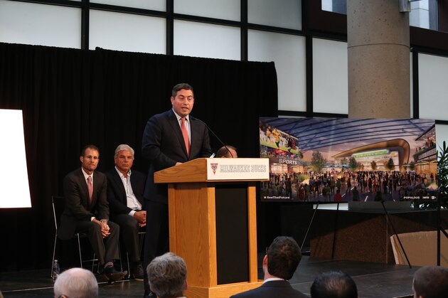 MILWAUKEE, WI - APRIL 8:  The Milwaukee Bucks Team President, Peter Feigin, and their design team present images and details for a new arena and proposed sports and entertainment district in Downtown Milwaukee on April 8, 2015 at the BMO Harris Bradley Center in Milwaukee, Wisconsin. NOTE TO USER:  User expressly acknowledges and agrees that, by downloading and or using this Photograph, user is consenting to the terms and conditions of the Getty Images License Agreement.  Mandatory Copyright Notice:  Copyright 2015 NBAE (Photo by Gary Dineen/NBAE via Getty Images)