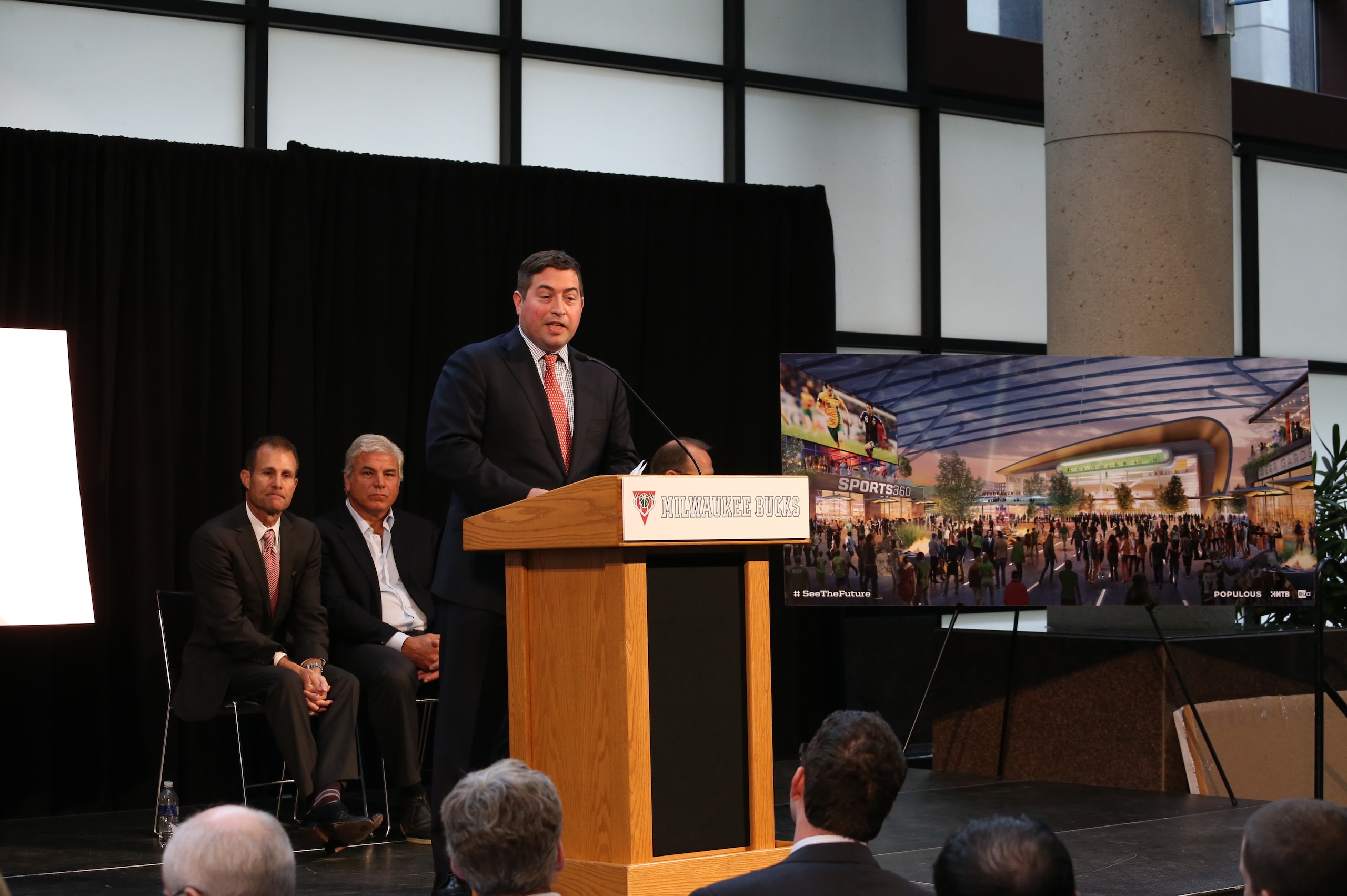 MILWAUKEE, WI - APRIL 8:  The Milwaukee Bucks Team President, Peter Feigin, and their design team present images and details for a new arena and proposed sports and entertainment district in Downtown Milwaukee on April 8, 2015 at the BMO Harris Bradley Center in Milwaukee, Wisconsin. NOTE TO USER:  User expressly acknowledges and agrees that, by downloading and or using this Photograph, user is consenting to the terms and conditions of the Getty Images License Agreement.  Mandatory Copyright Notice:  Copyright 2015 NBAE (Photo by Gary Dineen/NBAE via Getty Images)