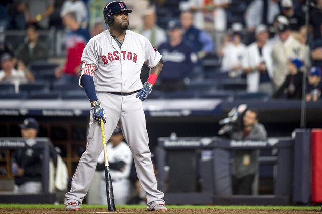 NEW YORK, NY - SEPTEMBER 27: David Ortiz #34 of the Boston Red Sox reacts during the ninth inning of a game against the New York Yankees on September 27, 2016 at Yankee Stadium in the Bronx borough of New York City. (Photo by Billie Weiss/Boston Red Sox/Getty Images)