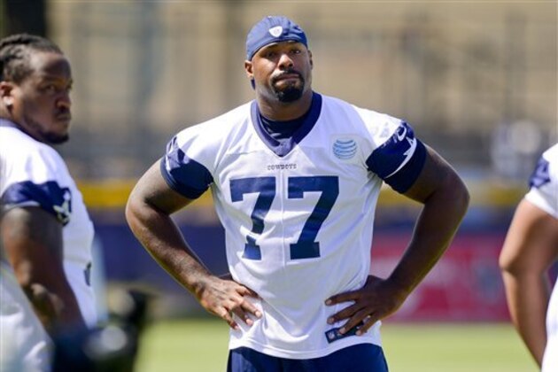 Dallas Cowboys offensive tackle Tyron Smith during Dallas Cowboy's training camp, Friday, July 25, 2014, in Oxnard, Calif. (AP Photo/Gus Ruelas)
