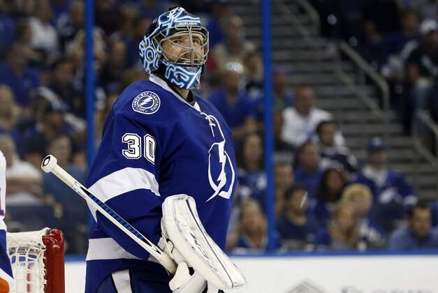 Apr 27, 2016; Tampa, FL, USA; Tampa Bay Lightning goalie Ben Bishop (30) reacts as an official calls a penalty against the New York Islanders during the second period in game one of the second round of the 2016 Stanley Cup Playoffs at Amalie Arena. Mandatory Credit: Kim Klement-USA TODAY Sports