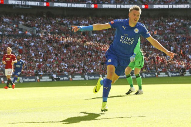 Leicester's Jamie Vardy celebrates after scoring during the Community Shield soccer match between Leicester and Manchester United at Wembley stadium in London, Sunday, Aug. 7, 2016 . (AP Photo/Frank Augstein)