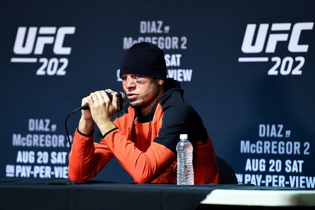 LAS VEGAS, NV - AUGUST 20:  Nate Diaz speaks to the media during the UFC 202 news conference at T-Mobile Arena on August 20, 2016 in Las Vegas, Nevada. (Photo by Jeff Bottari/Zuffa LLC/Zuffa LLC via Getty Images)