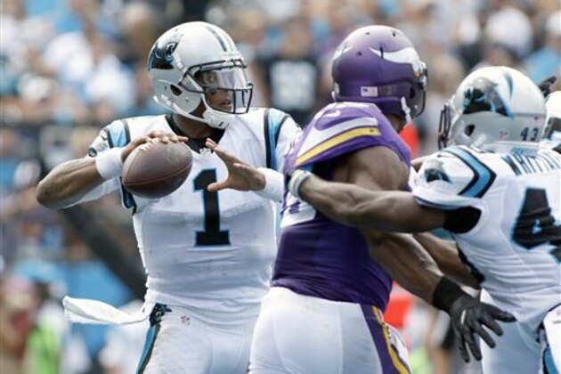 Carolina Panthers' Cam Newton (1) aims a pass against the Minnesota Vikings during the first half of an NFL football game in Charlotte, N.C., Sunday, Sept. 18, 2016. The Vikings won 22-10. (AP Photo/Bob Leverone)