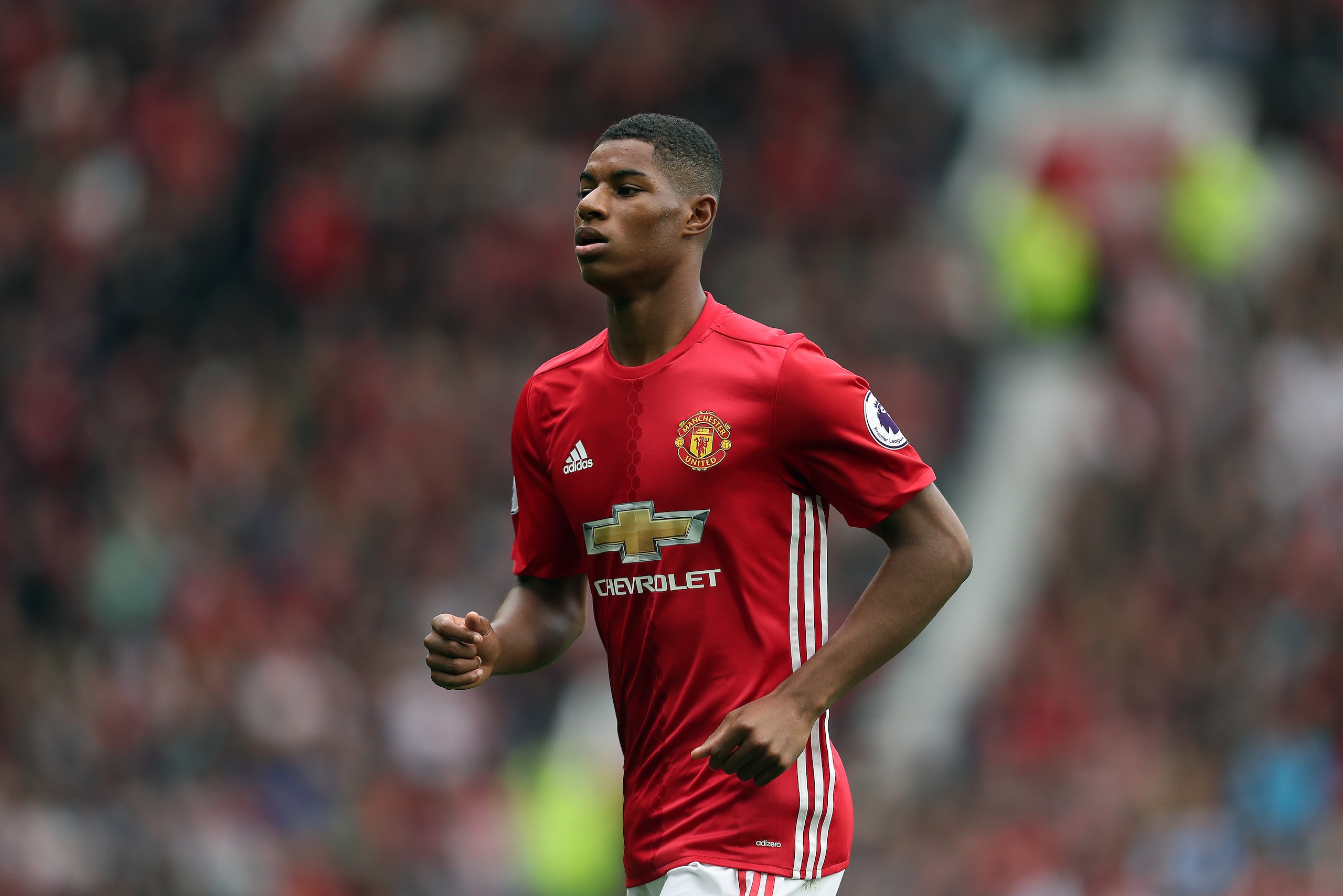 MANCHESTER, ENGLAND - SEPTEMBER 24: Marcus Rashford of Manchester United during the Premier League match between Manchester United and Leicester City at Old Trafford on September 24, 2016 in Manchester, England. (Photo by James Baylis - AMA/Getty Images)