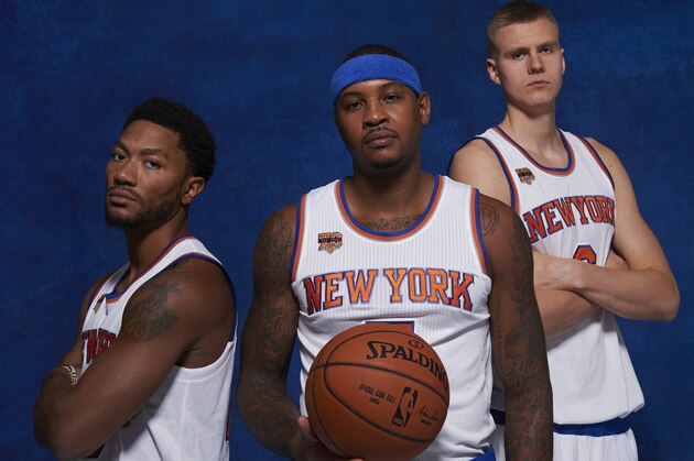 WHITE PLAINS, NY - SEPTEMBER 26:  Derrick Rose #25, Carmelo Anthony #7 and Kristaps Porzingis #6 of the New York Knicks pose for a portrait during media day at the Ritz Carlton in White Plains, New York on September 26, 2016. NOTE TO USER: User expressly acknowledges and agrees that, by downloading and or using this Photograph, user is consenting to the terms and condition of the Getty Images License Agreement. Mandatory Copyright Notice: 2016 NBAE (Photo by Jennifer Pottheiser/NBAE via Getty Images)