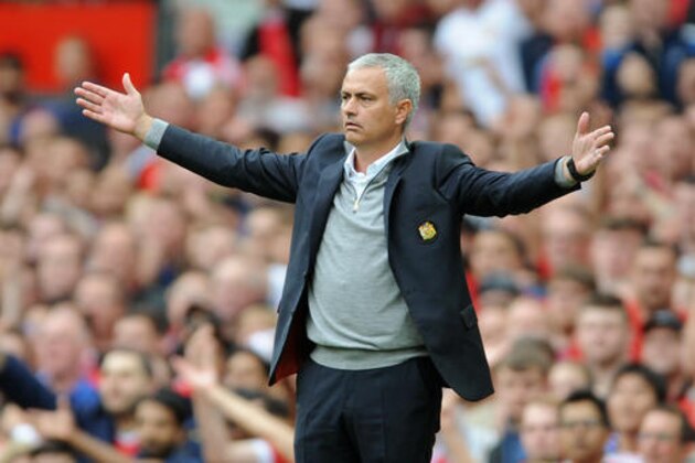 Manchester United manager Jose Mourinho gestures during the English Premier League soccer match between Manchester United and Leicester City at Old Trafford in Manchester, England, Saturday, Sept. 24, 2016. (AP Photo/Rui Vieira)