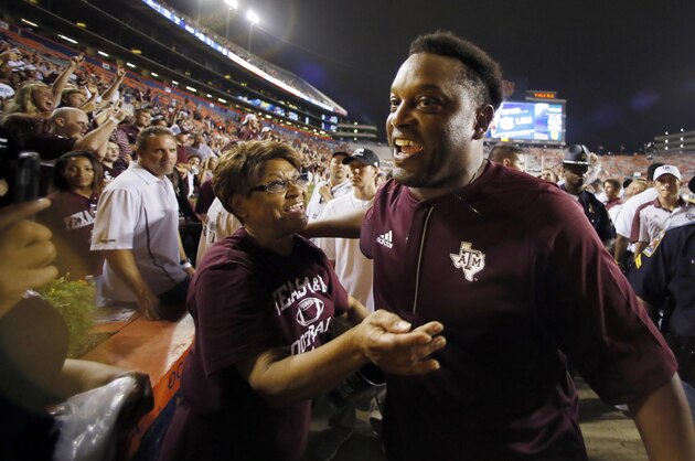 Sep 17, 2016; Auburn, AL, USA;  Texas A&M Aggies head coach Kevin Sumlin greets fans after the game against the Auburn Tigers at Jordan Hare Stadium.   The Aggies beat the Tigers 29-16.  Mandatory Credit: John Reed-USA TODAY Sports