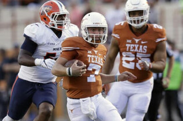 Texas quarterback Shane Buechele (7) runs against UTEP during the first half of a NCAA college football game, Saturday, Sept. 10, 2016, in Austin. (AP Photo/Eric Gay)