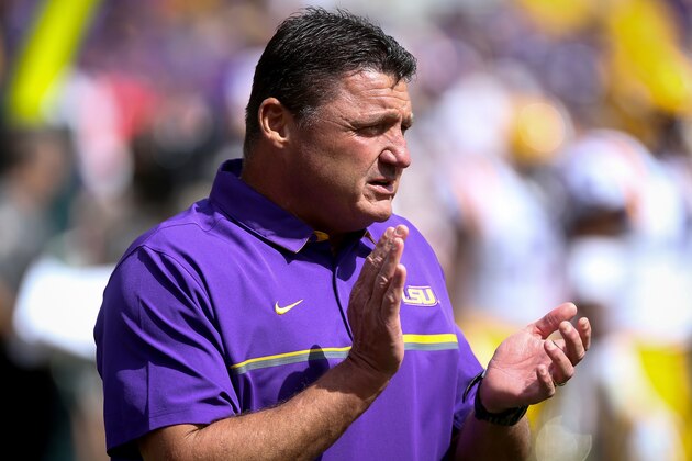 GREEN BAY, WI - SEPTEMBER 3:  Defensive line coach Ed Orgeron goes through warm ups before the game against the Wisconsin Badgers at Lambeau Field on September 3, 2016 in Green Bay, Wisconsin. (Photo by Dylan Buell/Getty Images)