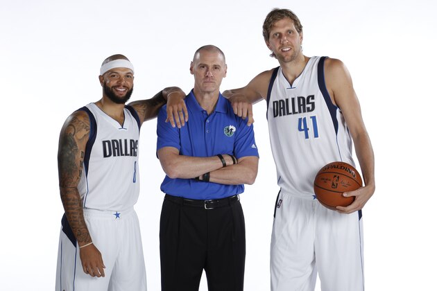 DALLAS, TX - SEPTEMBER 28:  Deron Williams #8, head coach Rick Carlisle and Dirk Nowitzki #41 of the Dallas Mavericks pose for a photo during media day on September 28, 2015 at the American Airlines Center in Dallas, Texas. NOTE TO USER: User expressly acknowledges and agrees that, by downloading and/or using this Photograph, user is consenting to the terms and conditions of the Getty Images License Agreement. Mandatory Copyright Notice: Copyright 2015 NBAE (Photo by Glenn James/NBAE via Getty Images)