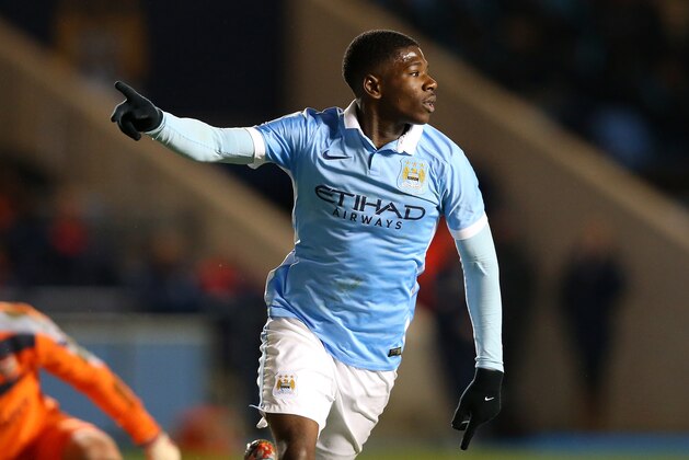 MANCHESTER, ENGLAND - MARCH 18:  Isaac Buckley-Ricketts of Manchester City celebrates after scoring their second goal during the FA Youth Cup Semi Final, First Leg match between Manchester City and Arsenal at the City Football Academy on March 18, 2016 in Manchester, England.  (Photo by Alex Livesey/Getty Images)