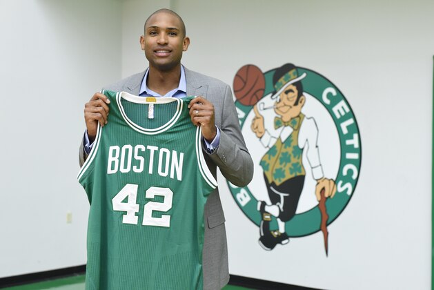 BOSTON, MA - JULY 8:  Al Horford is introduced as the newest member of the Boston Celtics on July 8, 2016 at the Boston Celtics Practice Facility in Waltham, Massachusetts. NOTE TO USER: User expressly acknowledges and agrees that, by downloading and or using this photograph, User is consenting to the terms and conditions of the Getty Images License Agreement. Mandatory Copyright Notice: Copyright 2016 NBAE  (Photo by Brian Babineau/NBAE via Getty Images)