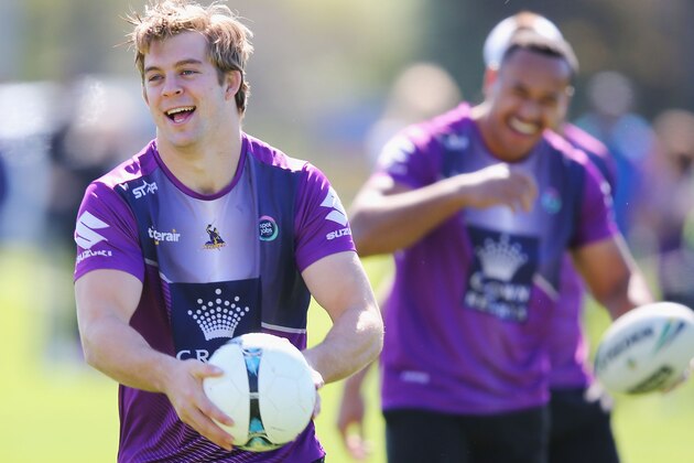 MELBOURNE, AUSTRALIA - SEPTEMBER 28:  Christian Welch of the Storm looks upfield during a Melbourne Storm NRL training session at Gosch's Paddock on September 28, 2016 in Melbourne, Australia.  (Photo by Michael Dodge/Getty Images)