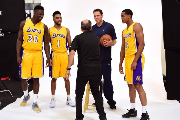 EL SEGUNDO, CA - SEPTEMBER 26:  Julius Randle #30, D'Angelo Russell #1, Luke Walton, and Jordan Clarkson #6 of the Los Angeles Lakers pose for a photograph for team photographer Andrew D. Bernstein during Los Angeles Laker media day at Toyota Sports Center on September 26, 2016 in El Segundo, California.  (Photo by Harry How/Getty Images)