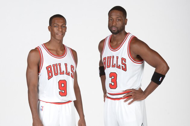 CHICAGO, IL - SEPTEMBER 26:  Rajon Rondo #9 and Dwyane Wade #3 of the Chicago Bulls poses for a portrait during the 2016-2017 Chicago Bulls Media Day on September 26, 2016 at the Advocate Center in Chicago, Illinois. NOTE TO USER: User expressly acknowledges and agrees that, by downloading and/or using this photograph, user is consenting to the terms and conditions of the Getty Images License Agreement.  Mandatory Copyright Notice: Copyright 2016 NBAE (Photo by Randy Belice/NBAE via Getty Images)