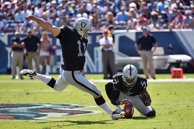 NASHVILLE, TN - SEPTEMBER 25:  Sebastian Janikowski #11 of the Oakland Raiders kicks against the Tennessee Titans at Nissan Stadium on September 25, 2016 in Nashville, Tennessee.  (Photo by Frederick Breedon/Getty Images)
