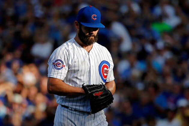 CHICAGO, IL - SEPTEMBER 17: Jake Arrieta #49 of the Chicago Cubs walks to the dugout at the end of the sixth inning after giving up three runs to the Milwaukee Brewers at Wrigley Field on September 17, 2016 in Chicago, Illinois.  (Photo by Jon Durr/Getty Images)