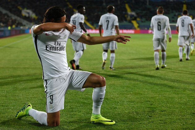 Paris Saint-Germain's Uruguayan forward Edinson Cavani celebrates after scoring during the UEFA Champions League Group A football match between Ludogorets Razgrad and Paris Saint-Germain (PSG) at Vasil Levski National Stadium in Sofia on September 28, 2016.  / AFP / DIMITAR DILKOFF        (Photo credit should read DIMITAR DILKOFF/AFP/Getty Images)