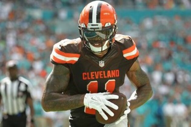 Cleveland Browns wide receiver Terrelle Pryor (11) runs for a touchdown during the second half of an NFL football game against the Miami Dolphins, Sunday, Sept. 25, 2016, in Miami Gardens, Fla. (AP Photo/Lynne Sladky)