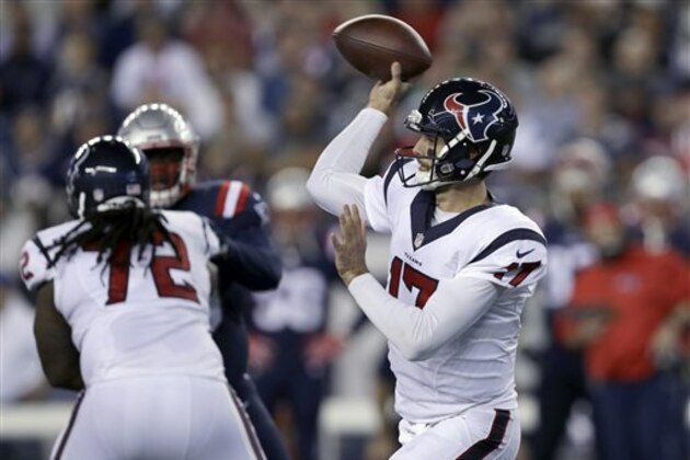 Houston Texans quarterback Brock Osweiler passes against the New England Patriots during the first half of an NFL football game Thursday, Sept. 22, 2016, in Foxborough, Mass. (AP Photo/Charles Krupa)