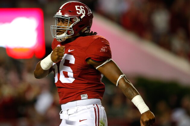 TUSCALOOSA, AL - OCTOBER 10:  Tim Williams #56 of the Alabama Crimson Tide reacts after sacking Brandon Allen #10 of the Arkansas Razorbacks at Bryant-Denny Stadium on October 10, 2015 in Tuscaloosa, Alabama.  (Photo by Kevin C. Cox/Getty Images)