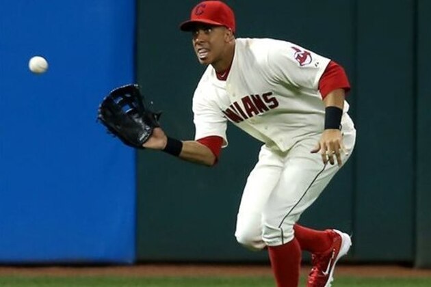 FILE - In this Sept. 19, 2015 file photo, Cleveland Indians outfielder Michael Brantley makes a running catch to put out Chicago White Sox's Micah Johnson during the third inning of a baseball game, in Cleveland. The Indians have placed Brantley on the 15-day disabled list because he's still having issues with his surgically repaired right shoulder. The team made the move Saturday, May 14, 2016, retroactive to May 10. Brantley has been bothered by inflammation in his shoulder, which he injured late last season while trying to make a diving catch in Minnesota. He had surgery in November.  (AP Photo/Ron Schwane, File)