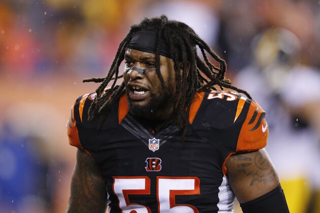 CINCINNATI, OH - JANUARY 9: Vontaze Burfict #55 of the Cincinnati Bengals argues in the second half of the AFC Wild Card Playoff game against the Pittsburgh Steelers at Paul Brown Stadium on January 9, 2016 in Cincinnati, Ohio. The Steelers defeated the Bengals 18-16. (Photo by Joe Robbins/Getty Images)