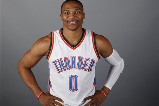 Oklahoma City Thunder guard Russell Westbrook is pictured during the 2016-2017 Oklahoma City Thunder Media Day in Oklahoma City, Friday, Sept. 23, 2016. (AP Photo/Sue Ogrocki)