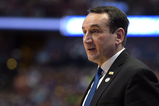 ANAHEIM, CA - MARCH 24: Head coach Mike Krzyzewski of the Duke Blue Devils looks on against the Oregon Ducks during the West Regional Semifinal of the 2016 NCAA Men's Basketball Tournament at Honda Center on March 24, 2016 in Anaheim, California. (Photo by Lance King/Getty Images)